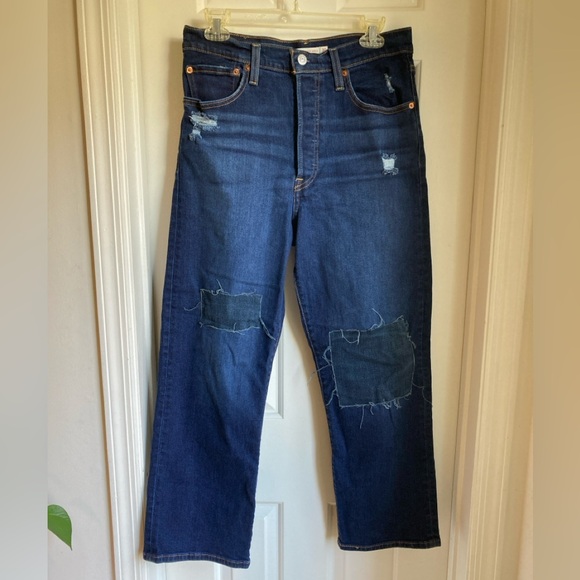 Levi's Ribcage Straight Ankle jeans size 30 with sewn on patches EUC - Picture 2 of 6